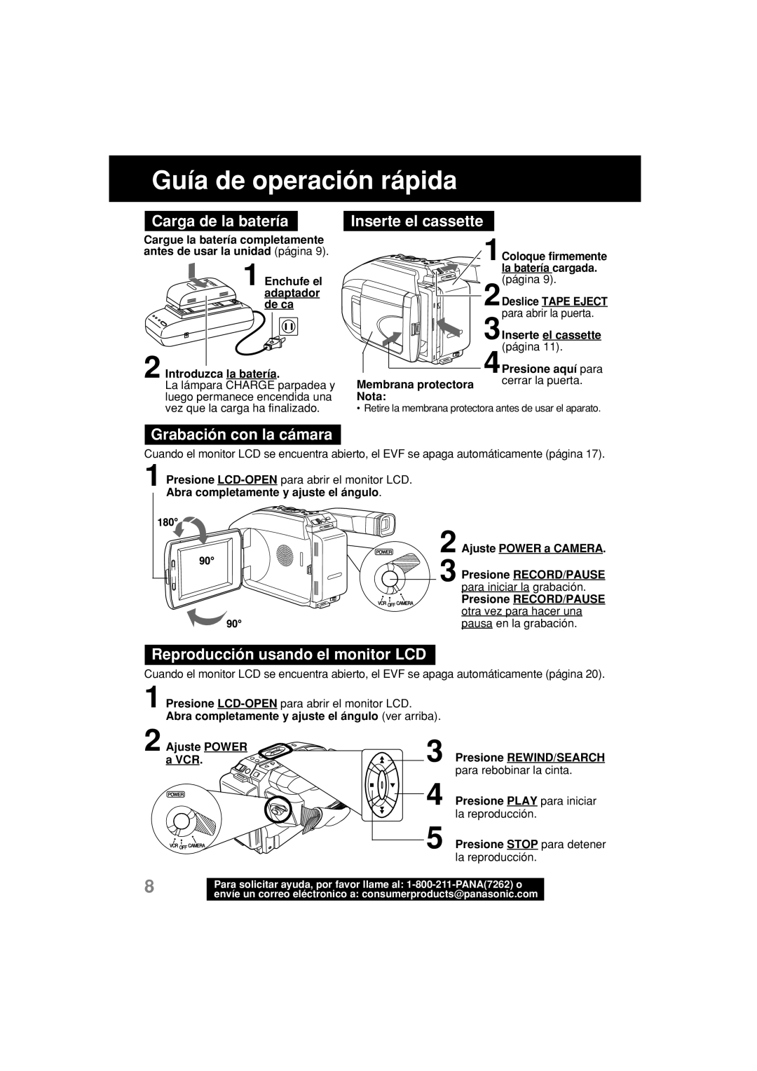 Panasonic PV-L552H Guía de operación rápida, Carga de la batería Inserte el cassette, Grabación con la cámara 