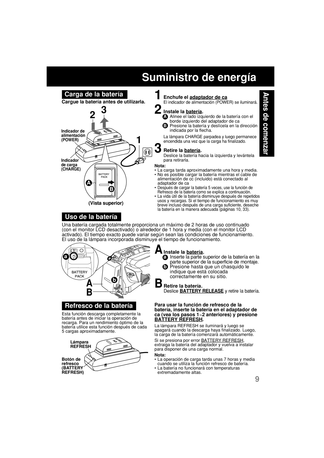 Panasonic PV-L552H Suministro de energía, Carga de la batería, Uso de la batería, Refresco de la batería 