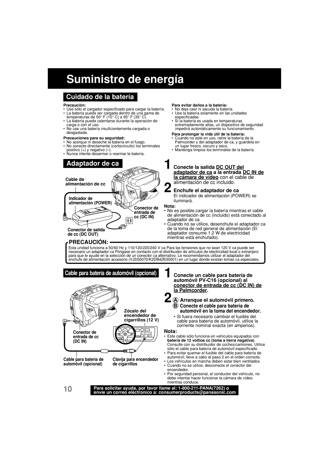 Panasonic PV-L552H operating instructions Cuidado de la batería, Adaptador de ca, Nota 