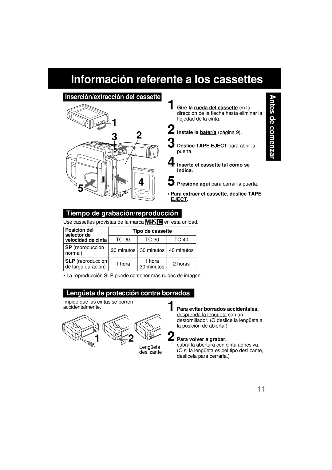 Panasonic PV-L552H operating instructions Información referente a los cassettes, Tiempo de grabación/reproducción 