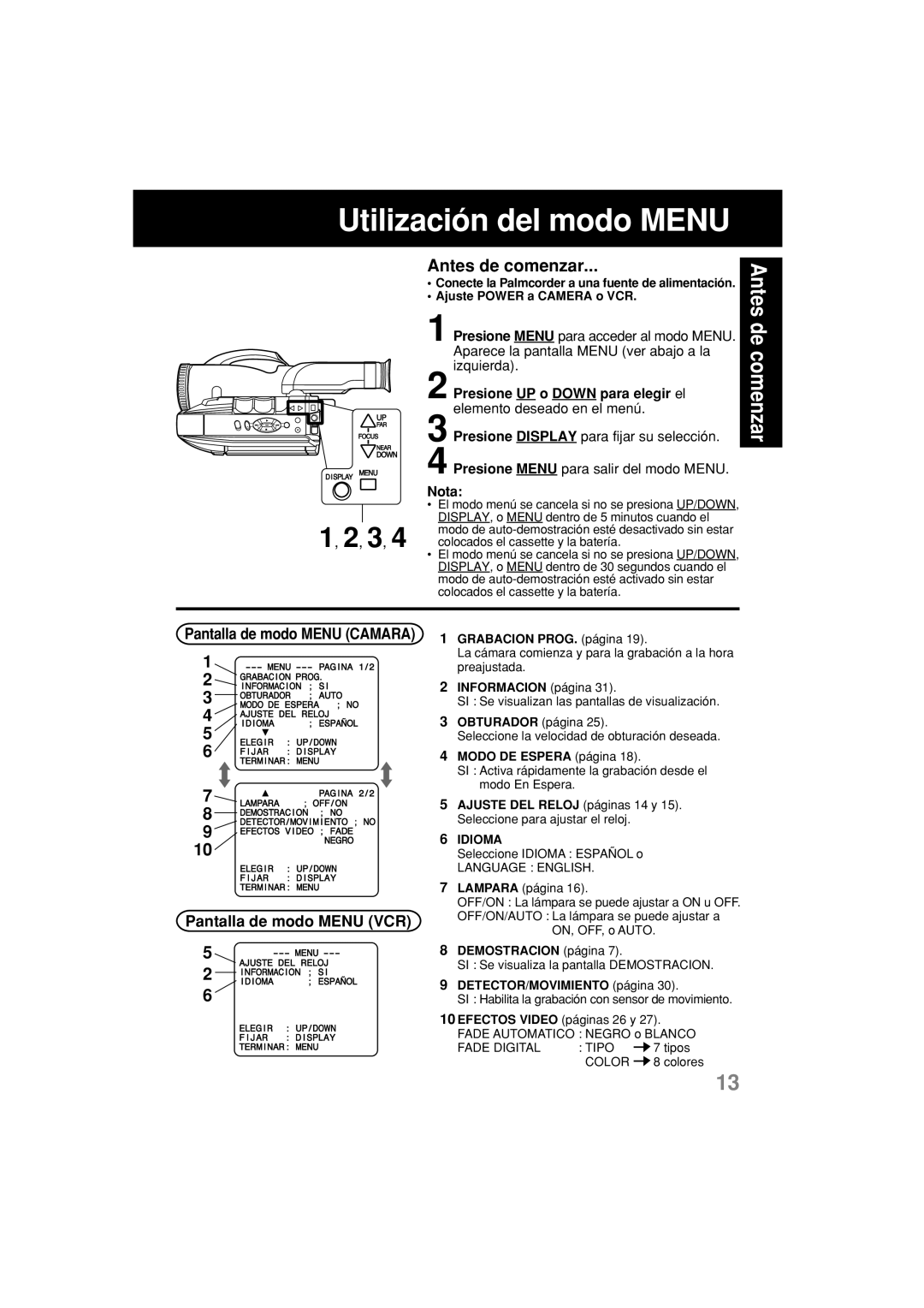 Panasonic PV-L552H Utilización del modo Menu, Pantalla de modo Menu VCR, Pantalla de modo Menu Camara 