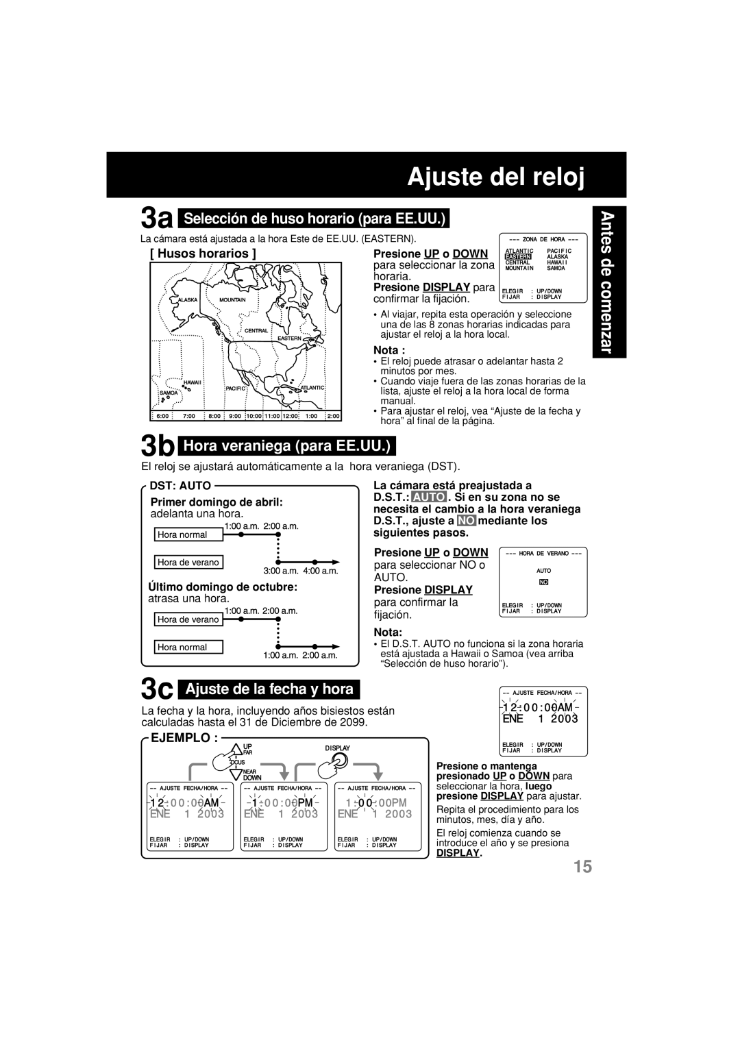 Panasonic PV-L552H 3a Selección de huso horario para EE.UU, 3b Hora veraniega para EE.UU, 3c Ajuste de la fecha y hora 