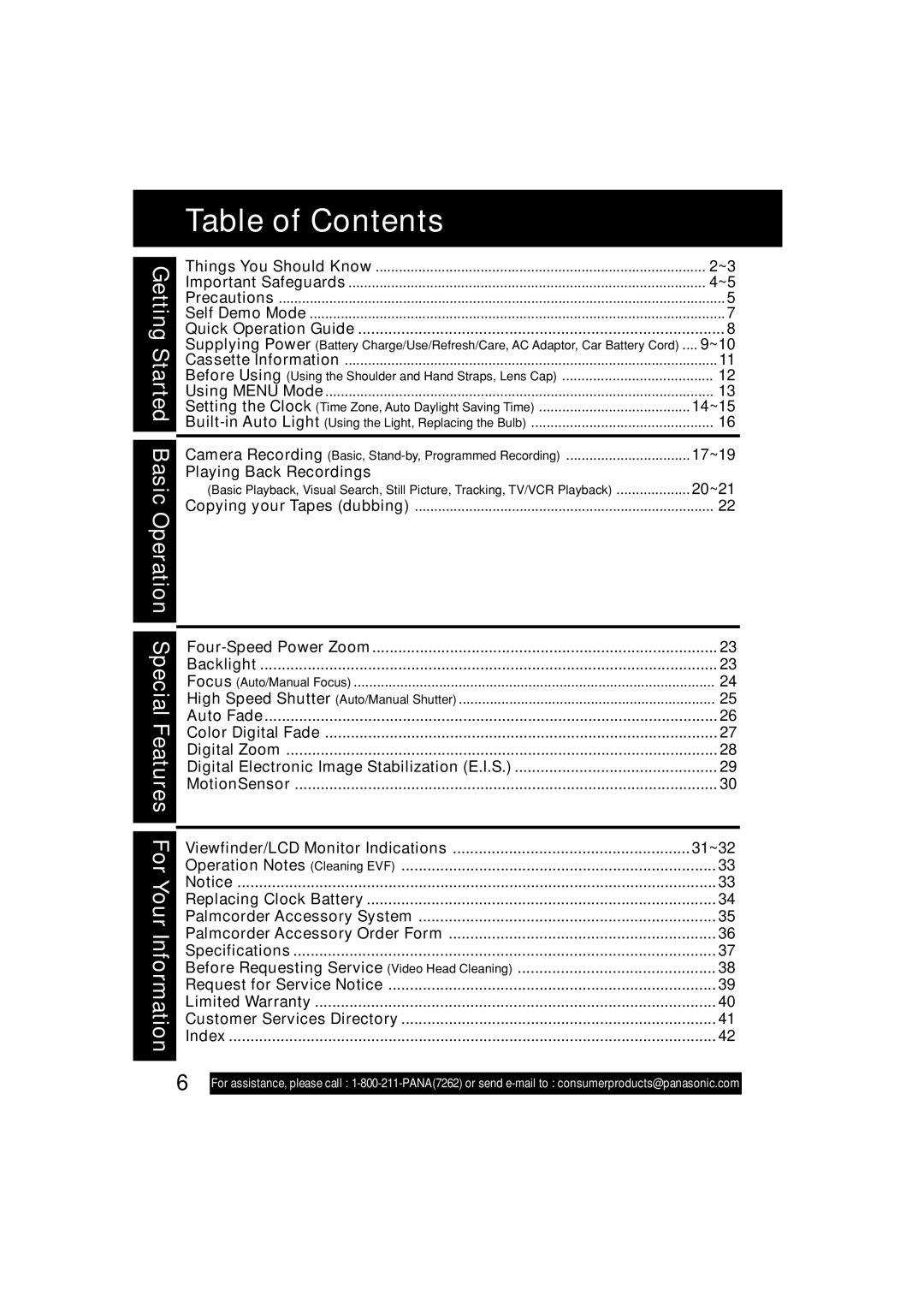 Panasonic PV-L552H operating instructions Table of Contents 