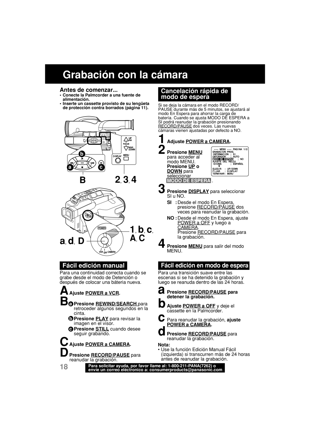 Panasonic PV-L552H operating instructions Cancelación rápida de modo de espera, Fácil edición manual, Modo DE Espera 