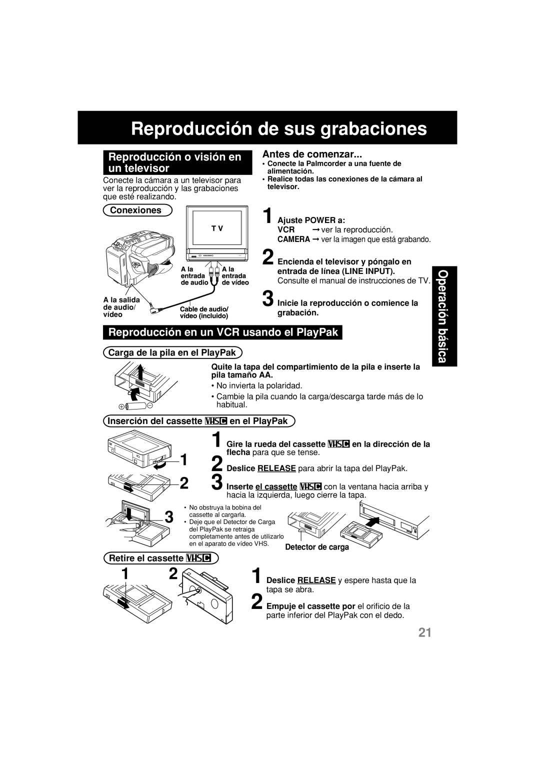 Panasonic PV-L552H operating instructions Reproducción o visión en, Un televisor, Reproducción en un VCR usando el PlayPak 