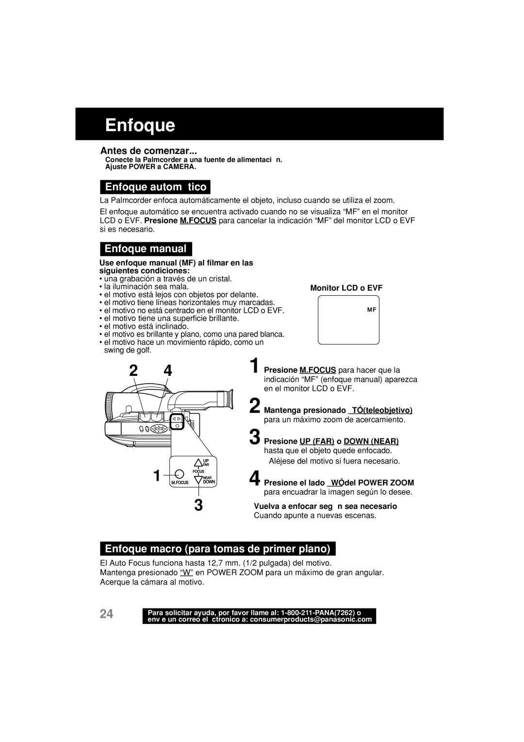 Panasonic PV-L552H operating instructions Enfoque automático, Enfoque manual, Enfoque macro para tomas de primer plano 