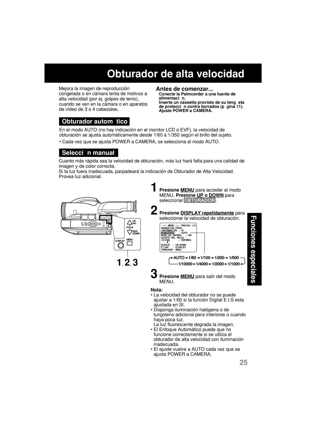 Panasonic PV-L552H operating instructions Obturador de alta velocidad, Obturador automático, Selección manual 