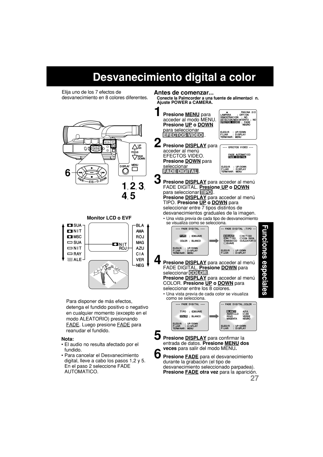 Panasonic PV-L552H operating instructions Desvanecimiento digital a color, Fade Digital, TIPO. Presione UP o Down para 