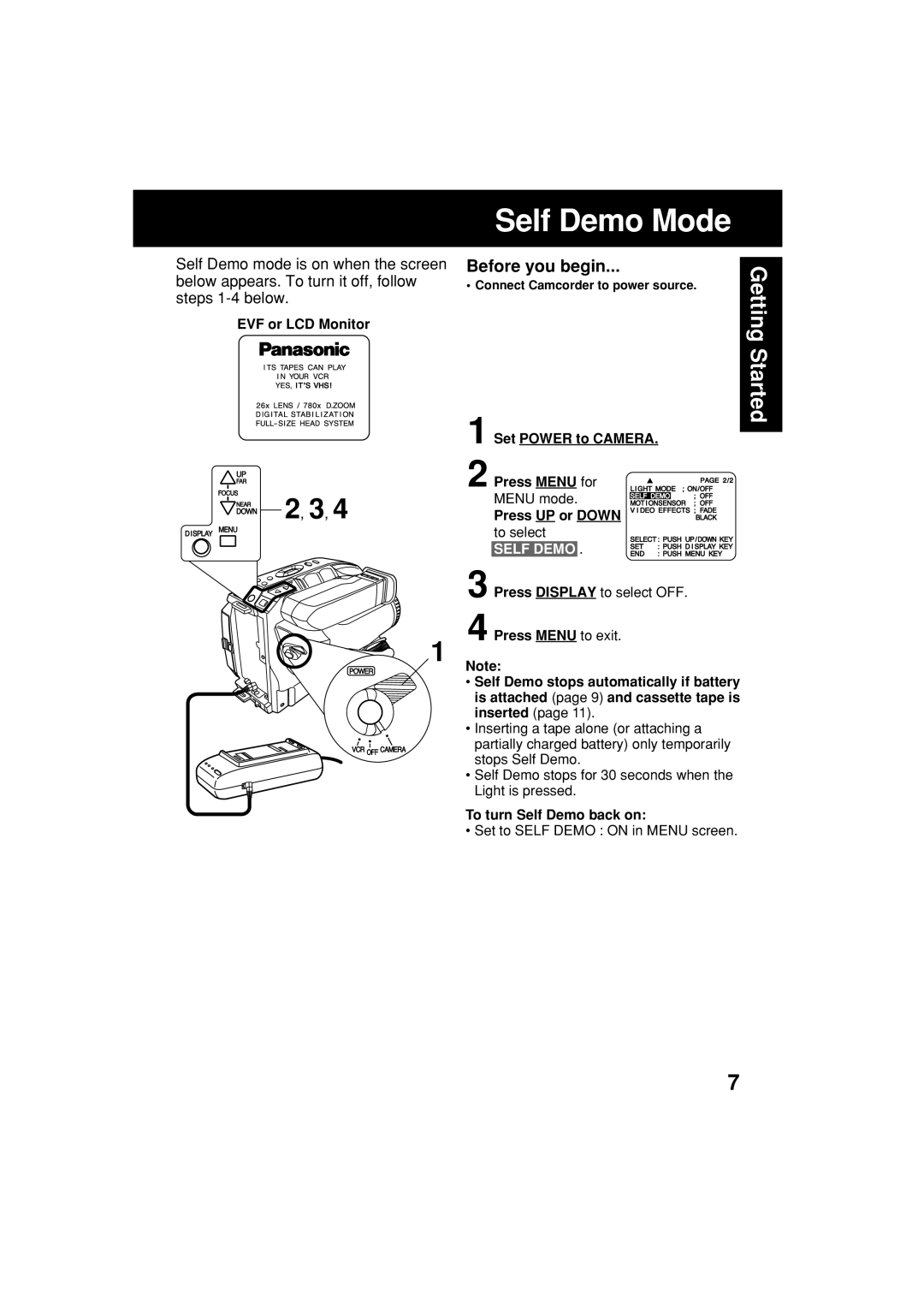 Panasonic PV-L552H operating instructions Self Demo Mode, EVF or LCD Monitor, To turn Self Demo back on 