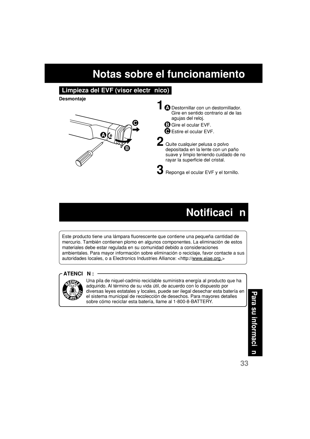 Panasonic PV-L552H Notas sobre el funcionamiento, Notificación, Limpieza del EVF visor electrónico, Desmontaje 