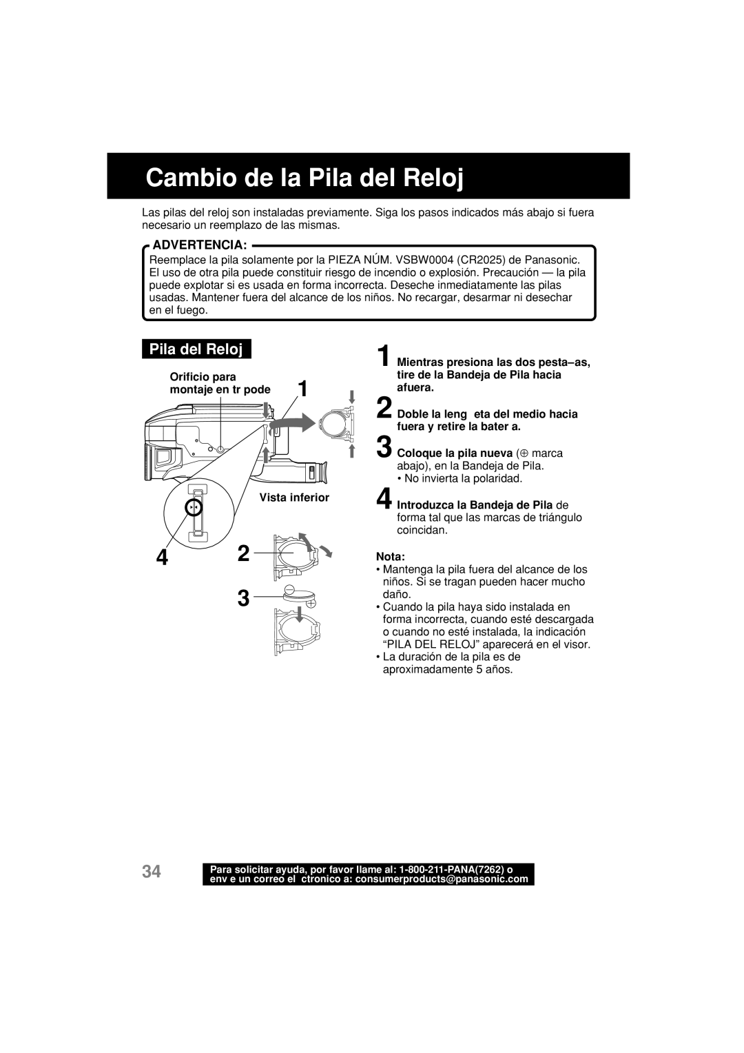 Panasonic PV-L552H operating instructions Cambio de la Pila del Reloj 