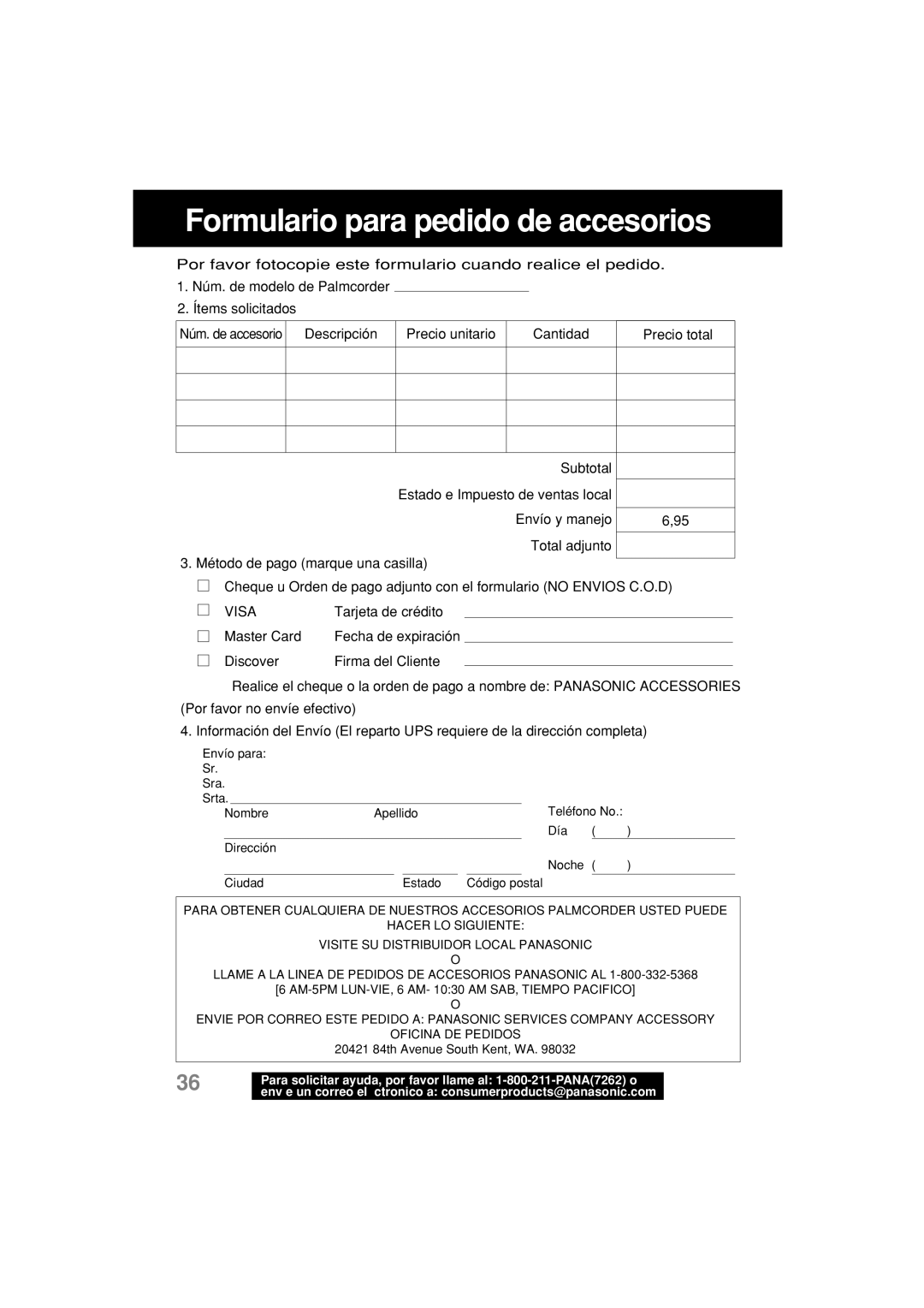 Panasonic PV-L552H operating instructions Formulario para pedido de accesorios 