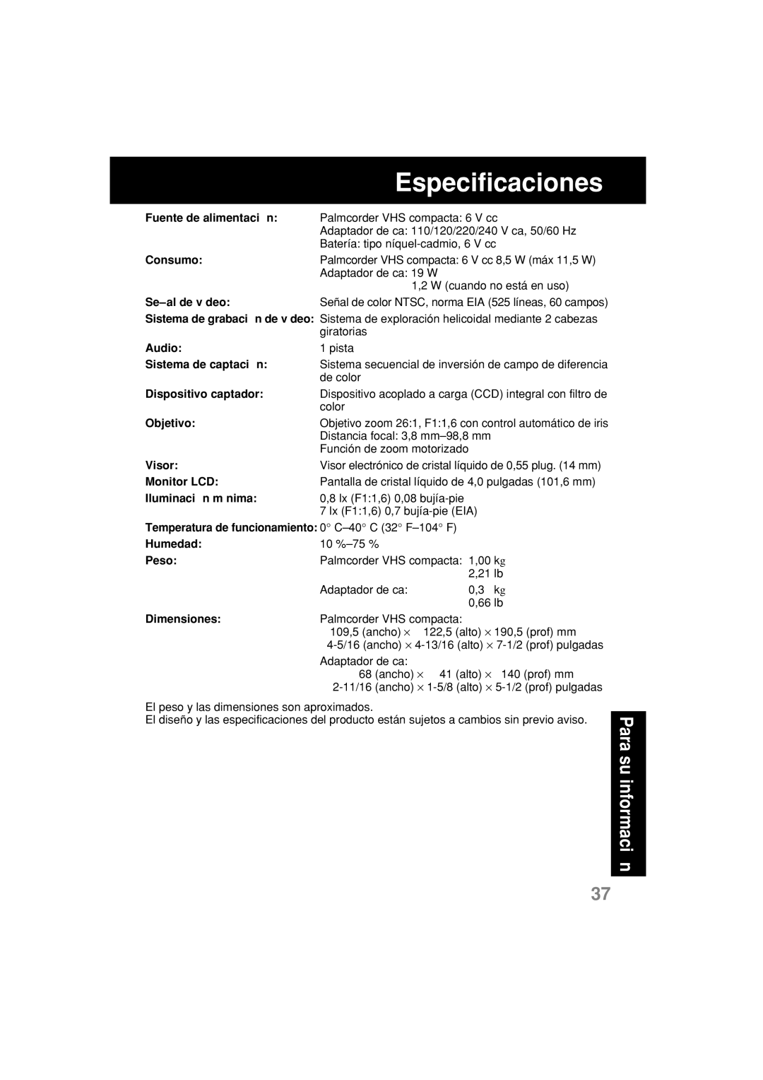 Panasonic PV-L552H operating instructions Especificaciones 