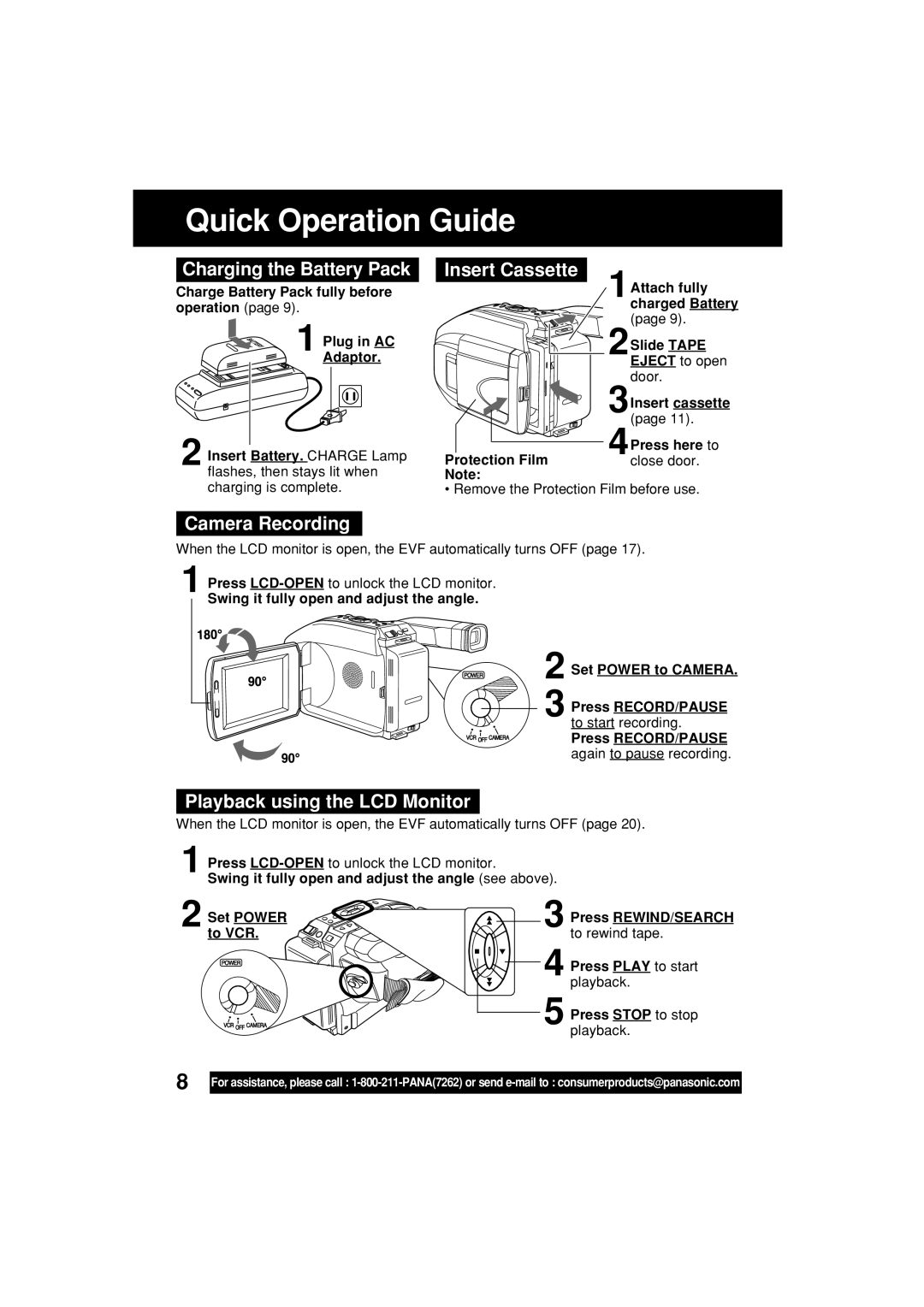 Panasonic PV-L552H Quick Operation Guide, Charging the Battery Pack, Insert Cassette, Camera Recording 