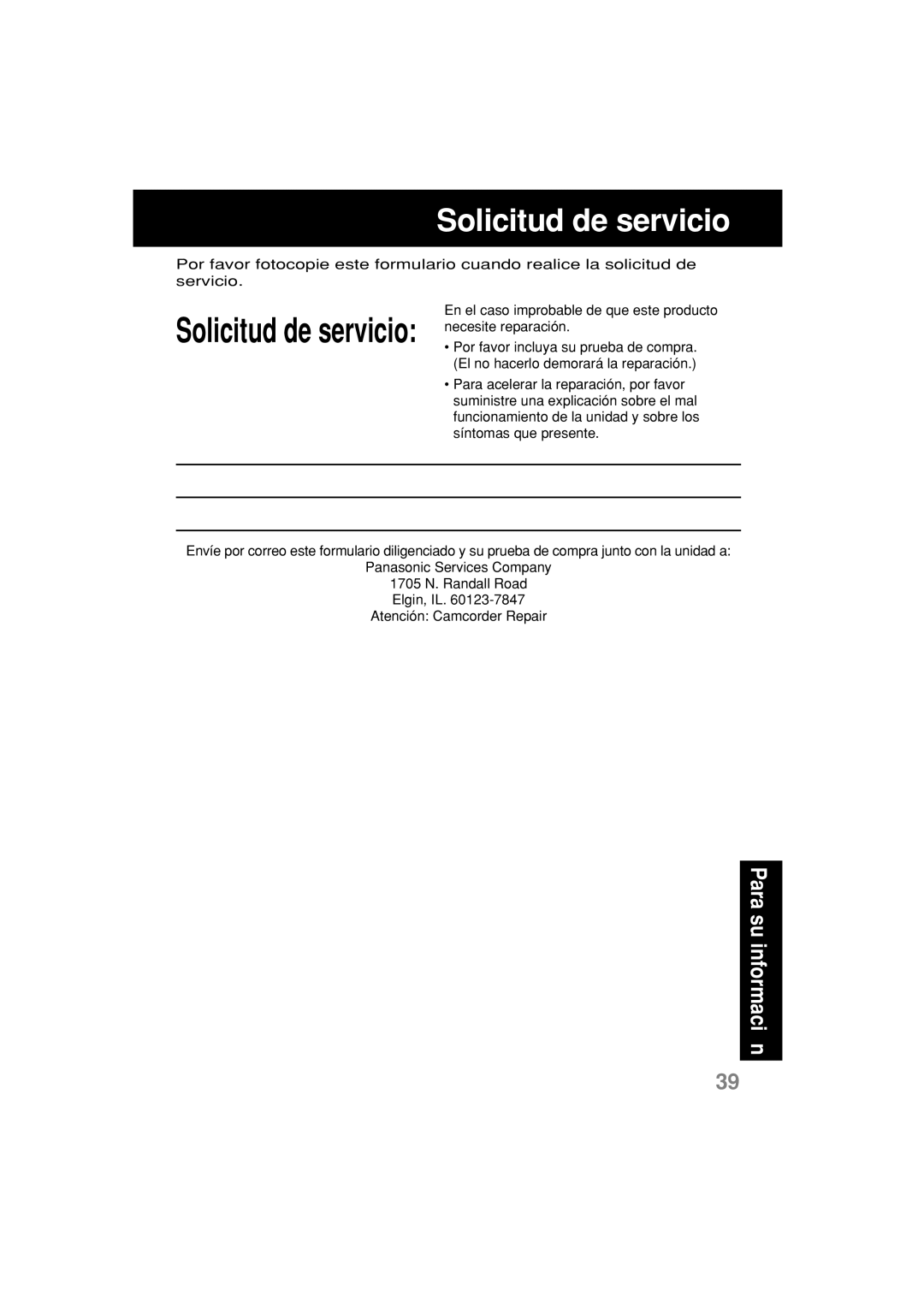 Panasonic PV-L552H operating instructions Solicitud de servicio 