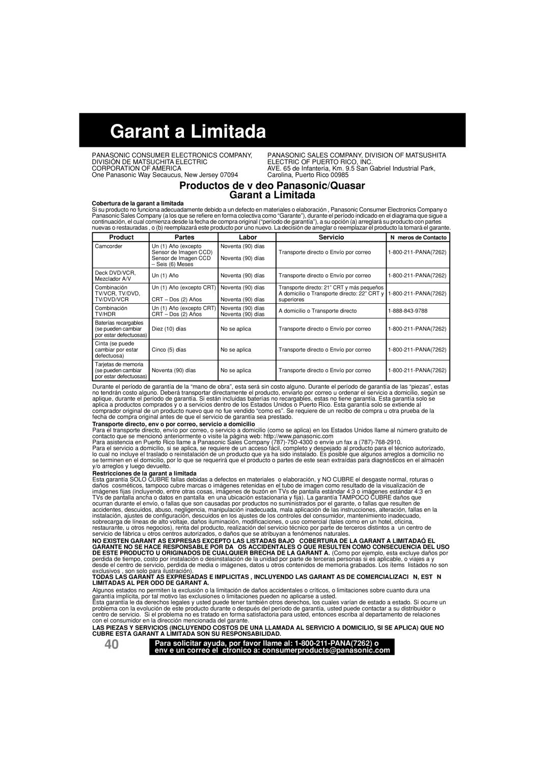 Panasonic PV-L552H operating instructions Productos de vídeo Panasonic/Quasar Garantía Limitada 