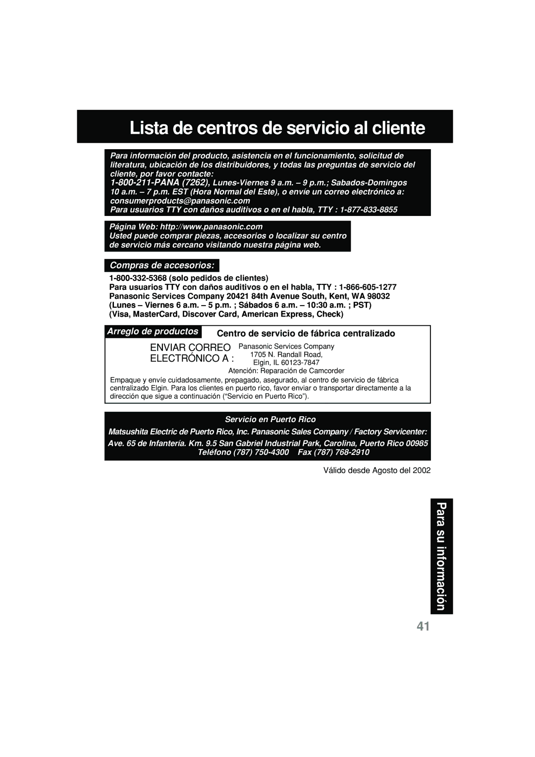 Panasonic PV-L552H operating instructions Lista de centros de servicio al cliente 