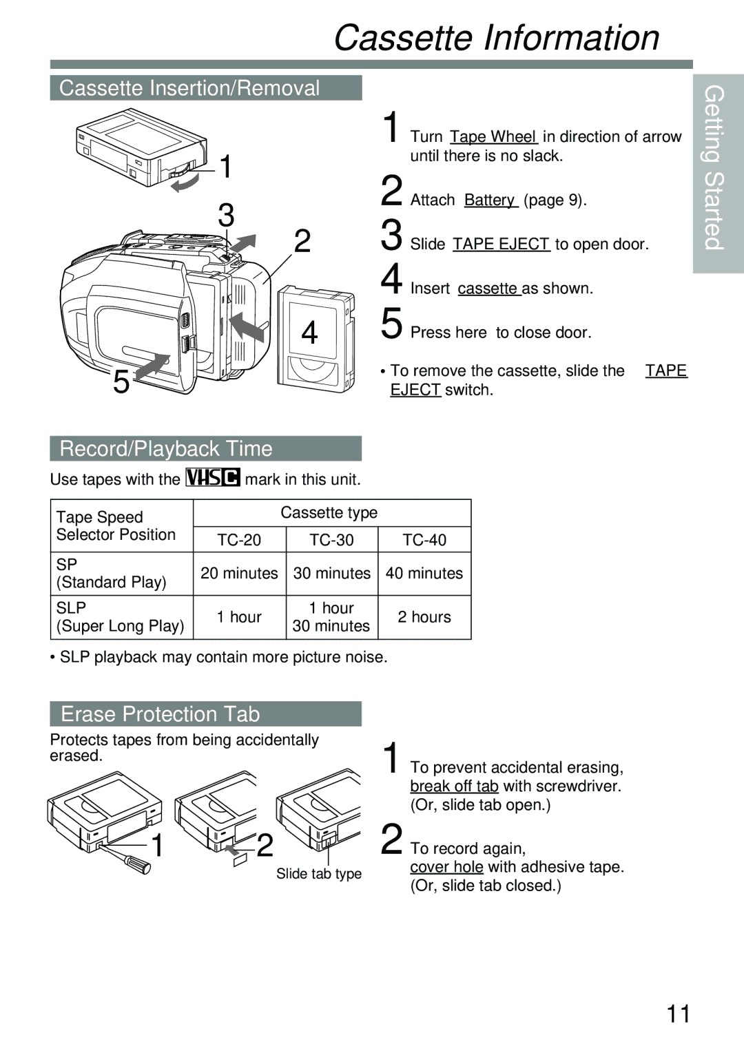 Panasonic PV-L591 Cassette Information, Cassette Insertion/Removal Record/Playback Time, Erase Protection Tab, Slp 