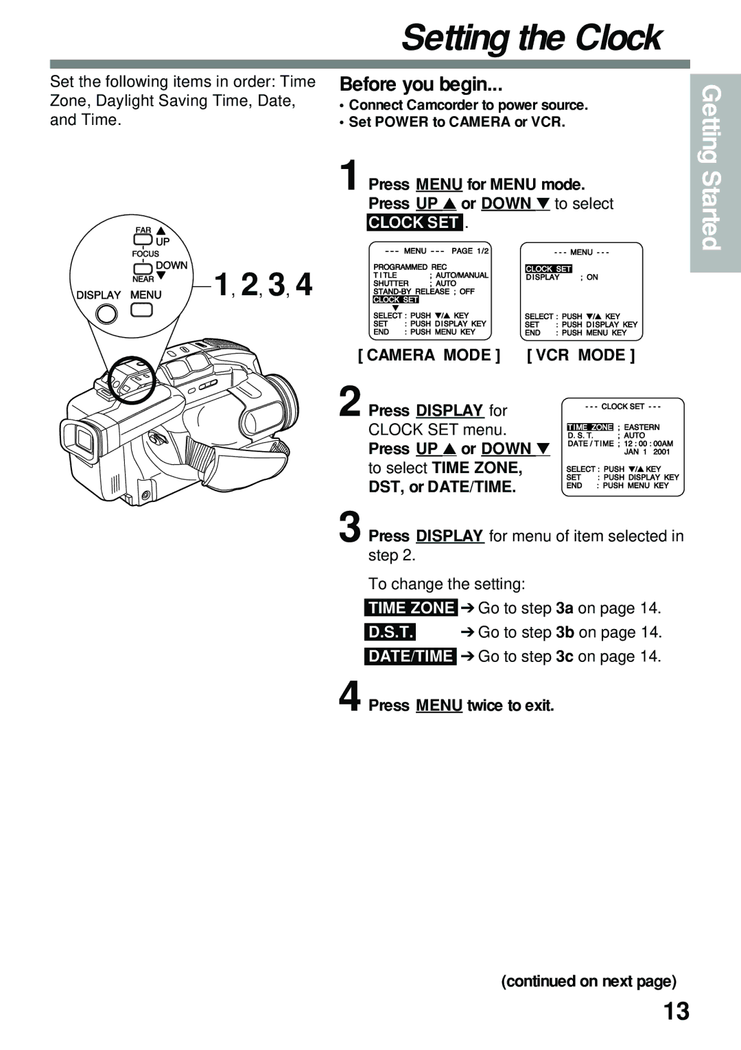 Panasonic PV-L591 operating instructions Setting the Clock, Press UP or Down to select, Clock SET, Camera Mode VCR Mode 