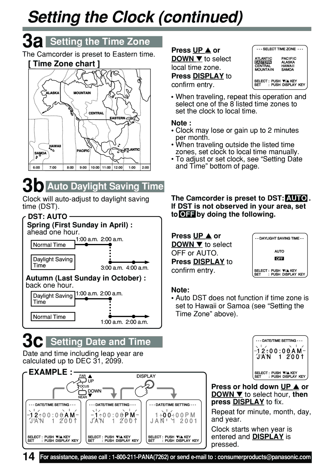 Panasonic PV-L591 3a Setting the Time Zone, 3b Auto Daylight Saving Time, Setting Date and Time, Time Zone chart, DST Auto 