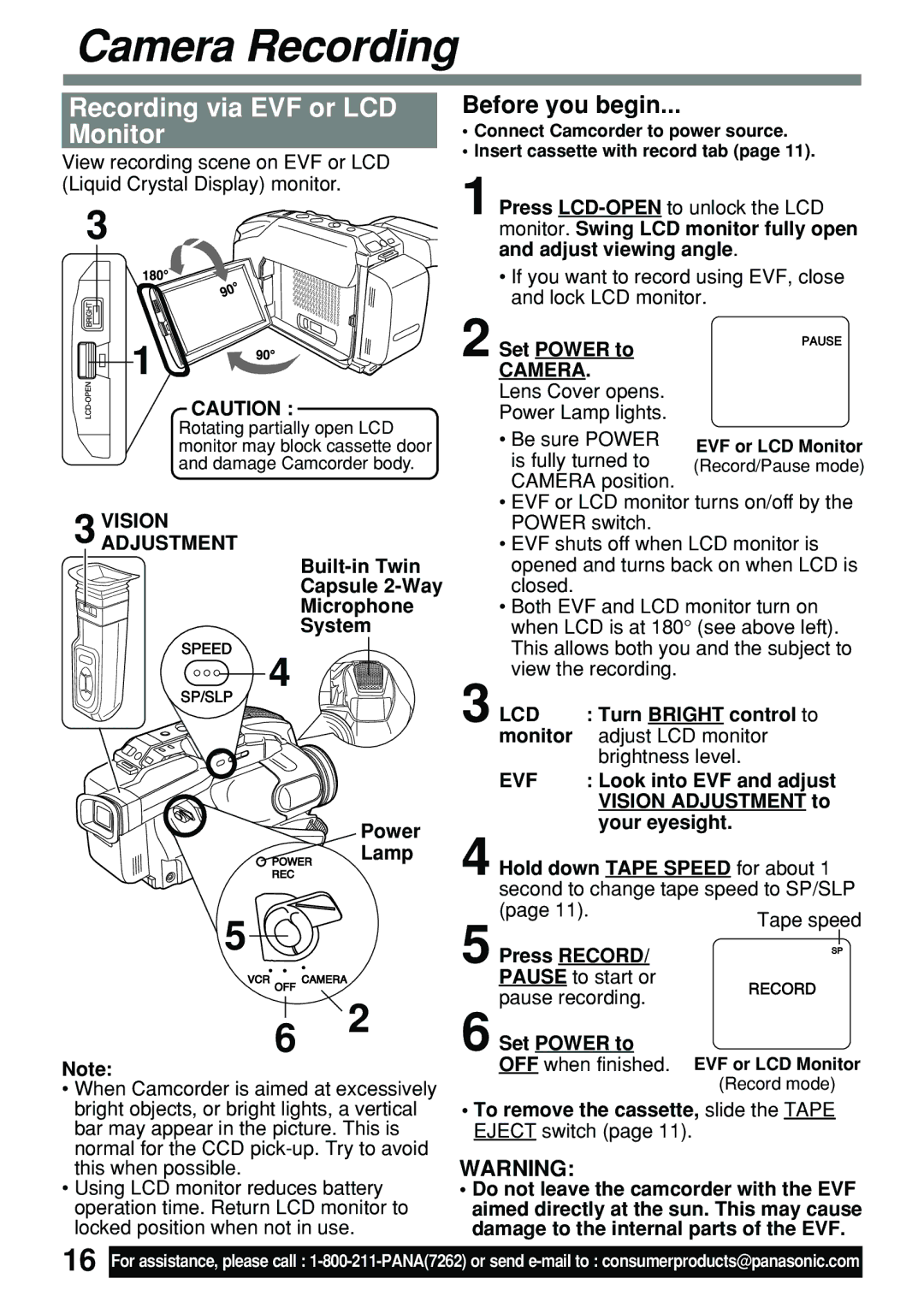 Panasonic PV-L591 operating instructions Camera Recording, Recording via EVF or LCD Monitor, Visionadjustment, Evf 