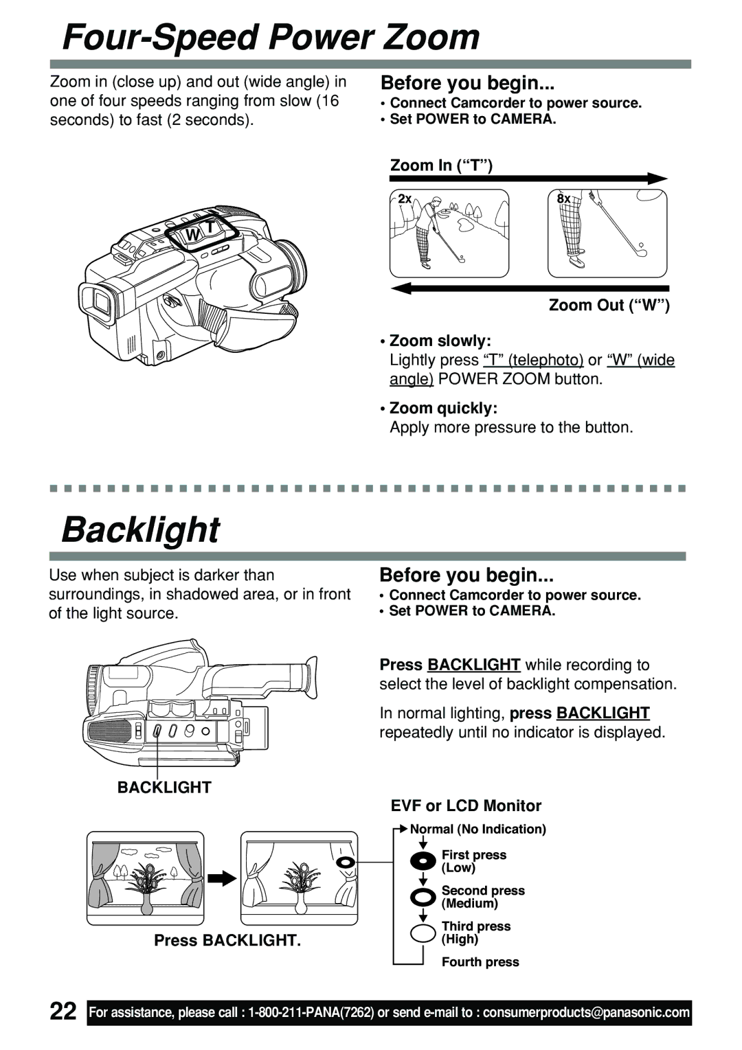 Panasonic PV-L591 operating instructions Four-Speed Power Zoom, Backlight 