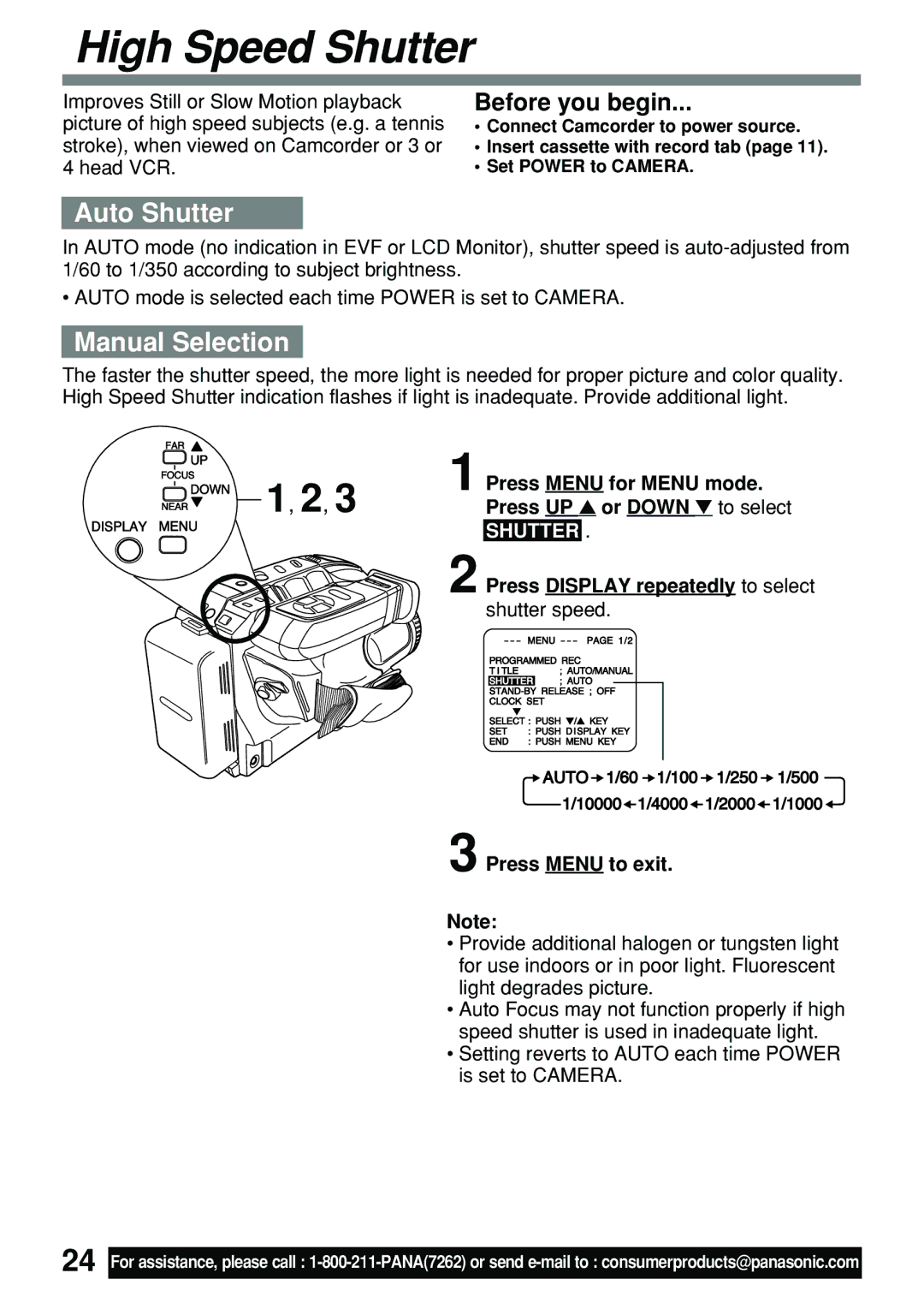 Panasonic PV-L591 High Speed Shutter, Auto Shutter, Manual Selection, Press Display repeatedly to select 