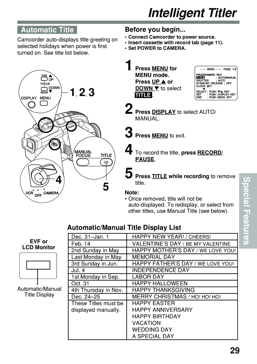 Panasonic PV-L591 operating instructions Automatic Title, Automatic/Manual Title Display List 