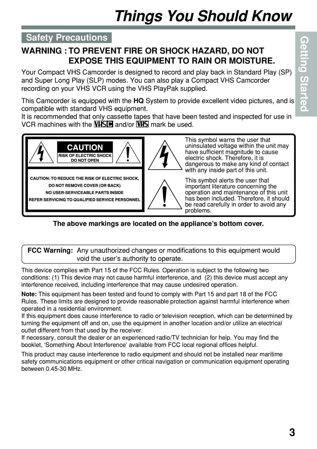 Panasonic PV-L591 operating instructions Safety Precautions, Above markings are located on the appliance’s bottom cover 