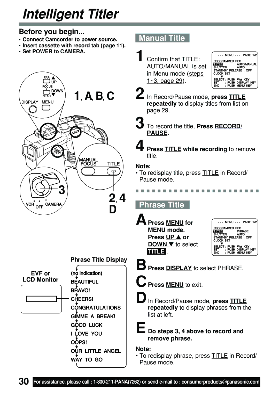 Panasonic PV-L591 operating instructions Intelligent Titler, Manual Title, Phrase Title 