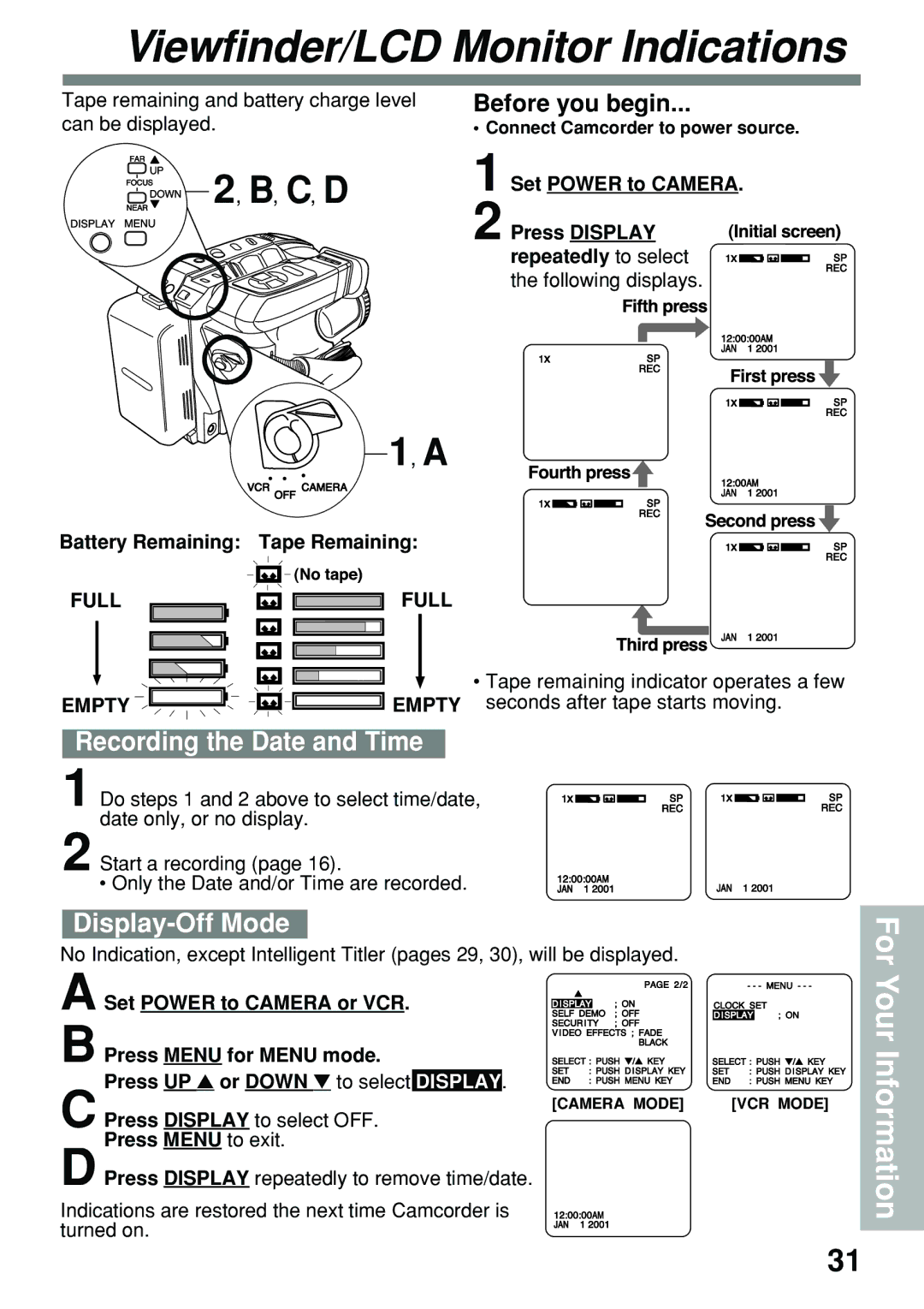 Panasonic PV-L591 Viewfinder/LCD Monitor Indications, Recording the Date and Time, Display-Off Mode, Full Full, Empty 