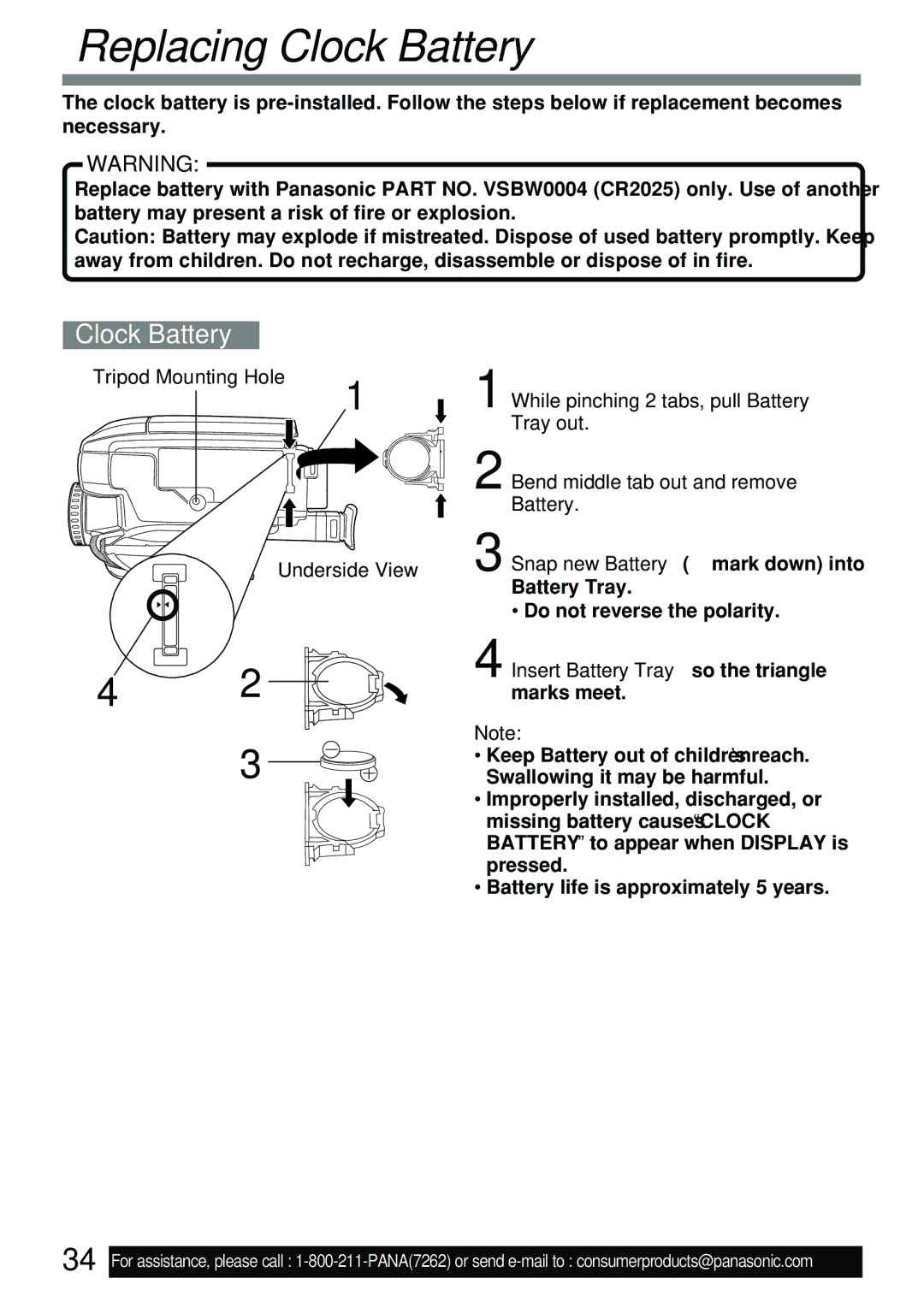 Panasonic PV-L591 Replacing Clock Battery, Do not reverse the polarity, Insert Battery Tray so the triangle marks meet 