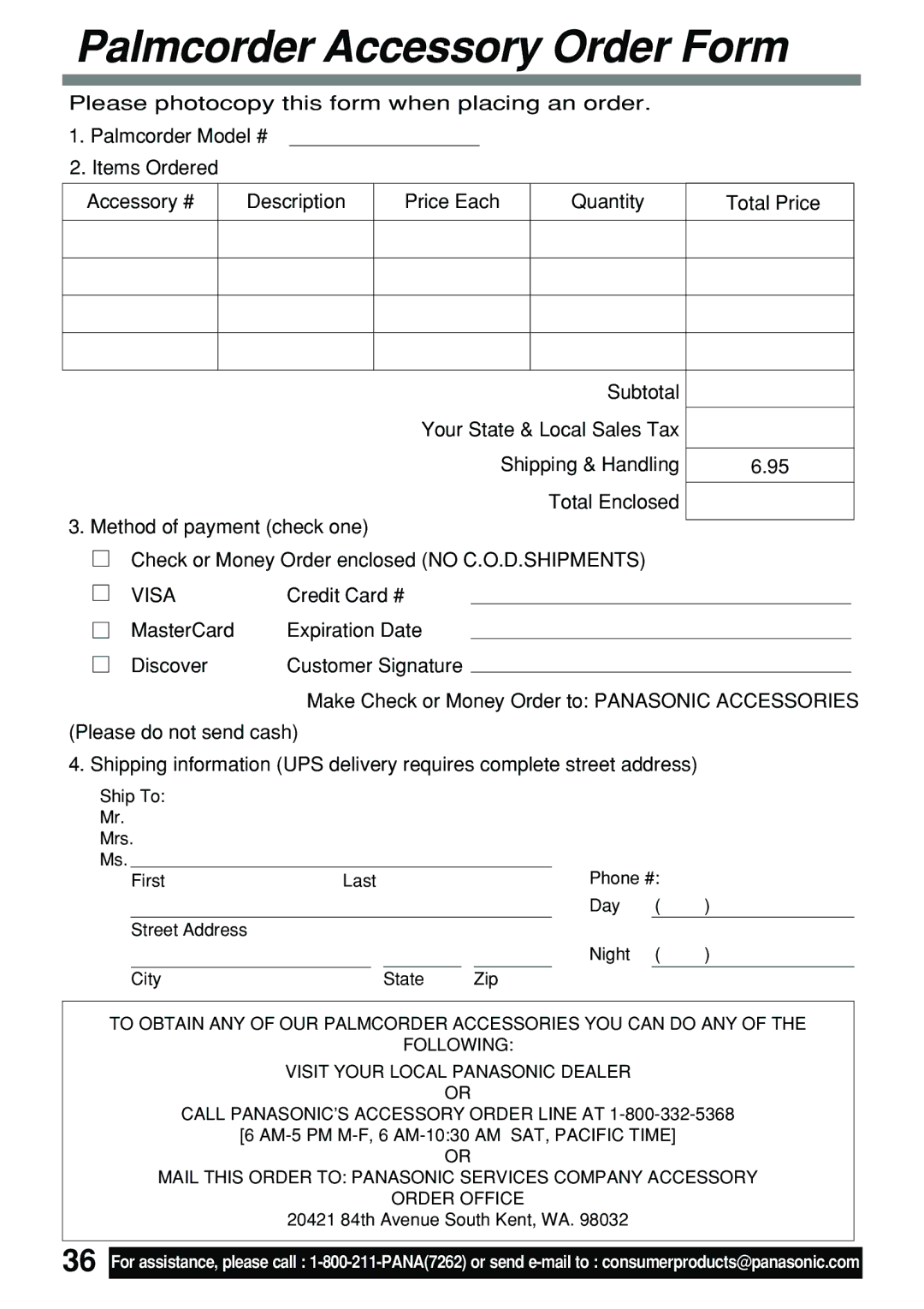 Panasonic PV-L591 operating instructions Palmcorder Accessory Order Form, Visa 