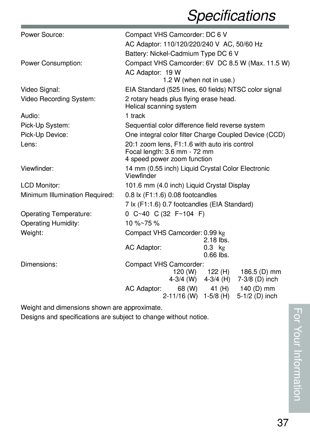 Panasonic PV-L591 operating instructions Specifications 