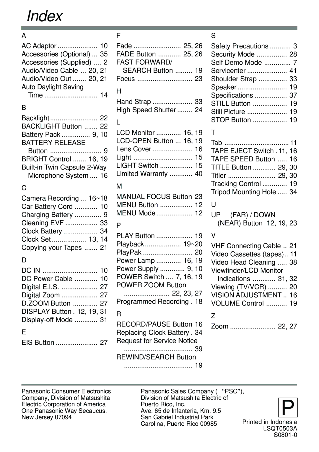 Panasonic PV-L591 operating instructions Index 