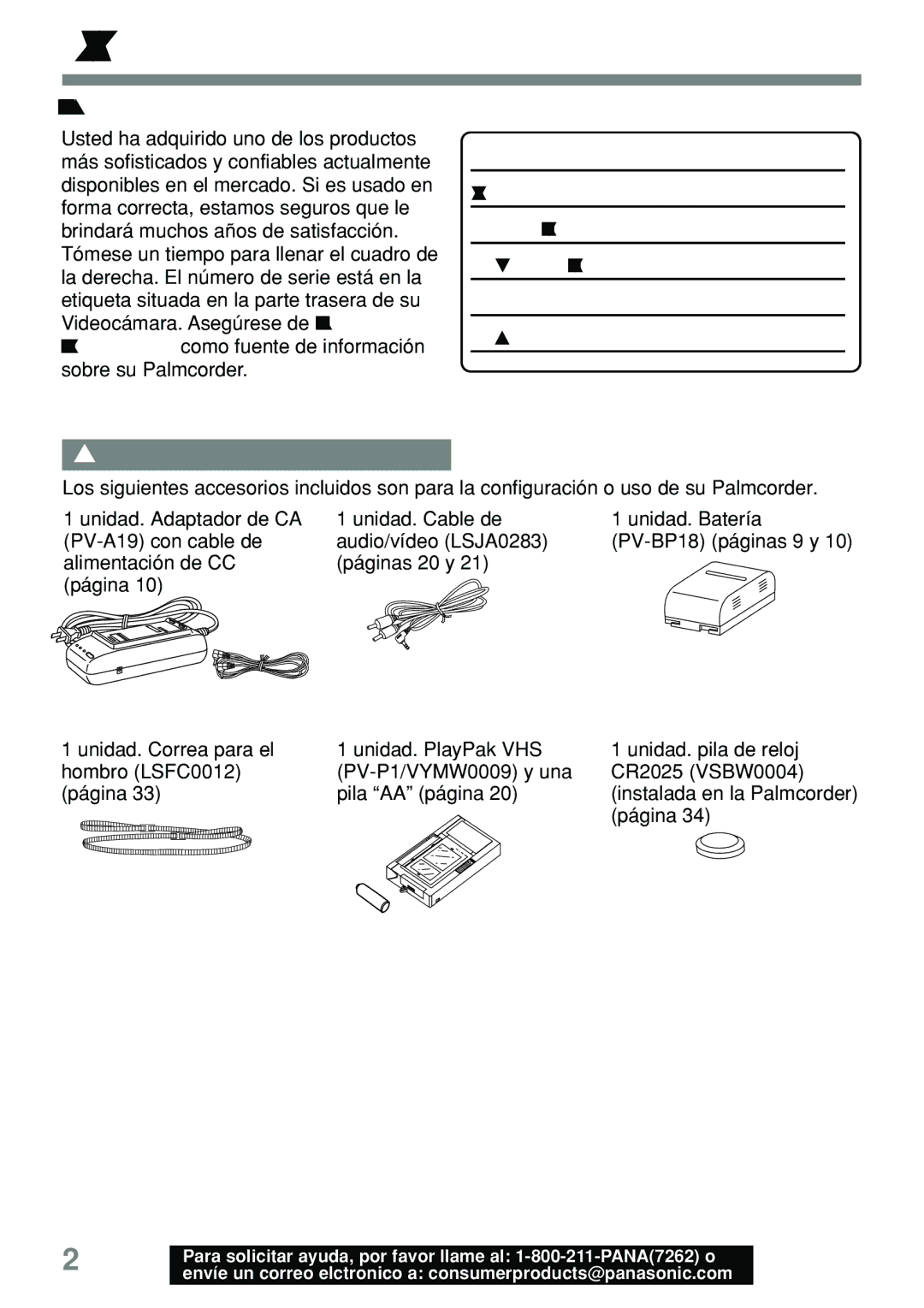 Panasonic PV-L591 Cosas que usted debe saber, Desembalaje de la Palmcorder, ¡Gracias por haber elegido Panasonic 