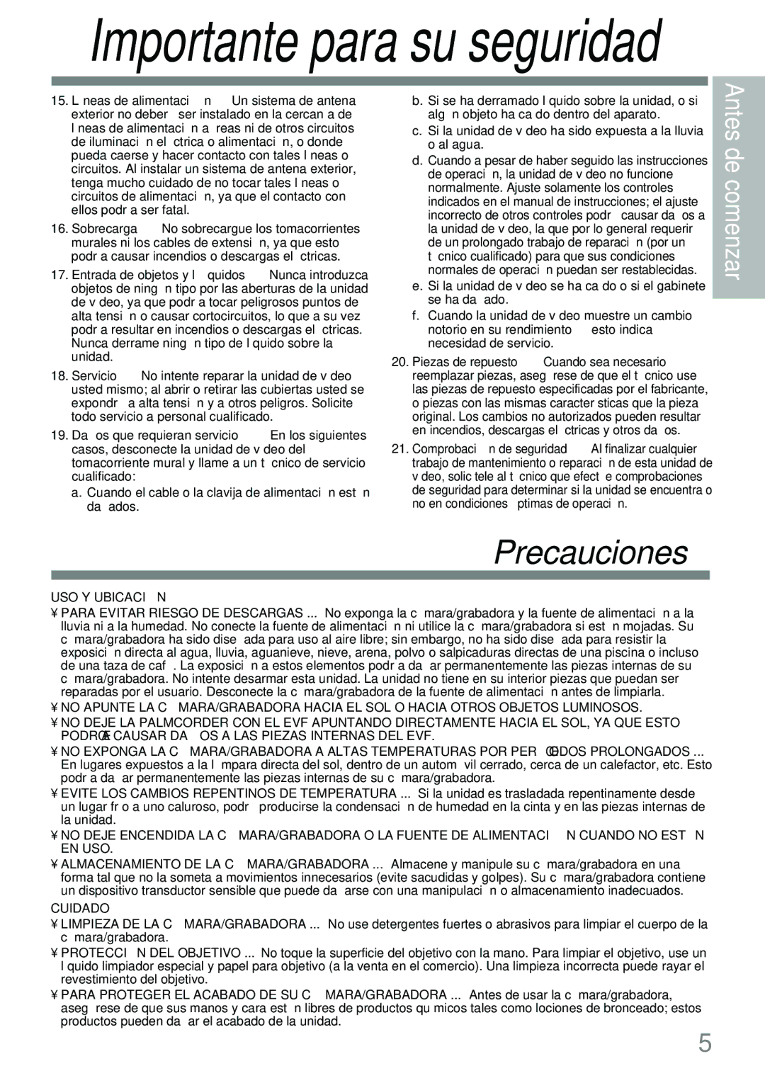 Panasonic PV-L591 operating instructions Importante para su seguridad 