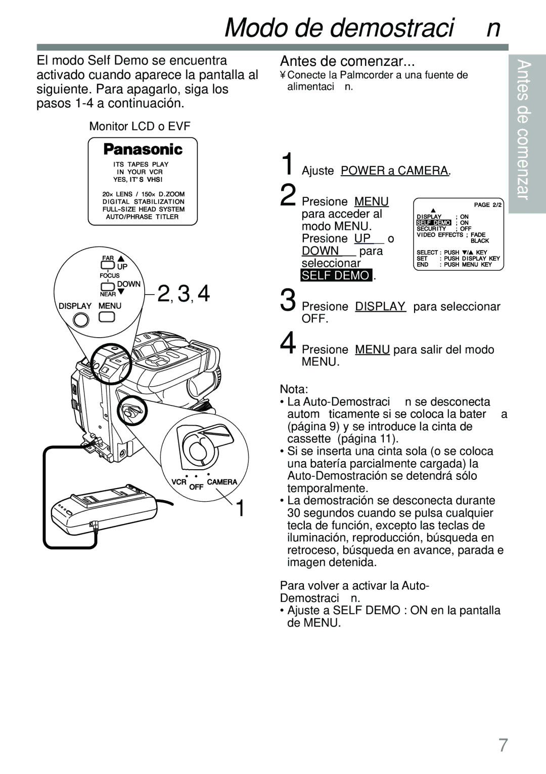 Panasonic PV-L591 Modo de demostración, Antes de comenzar, Seleccionar, Para volver a activar la Auto Demostración 