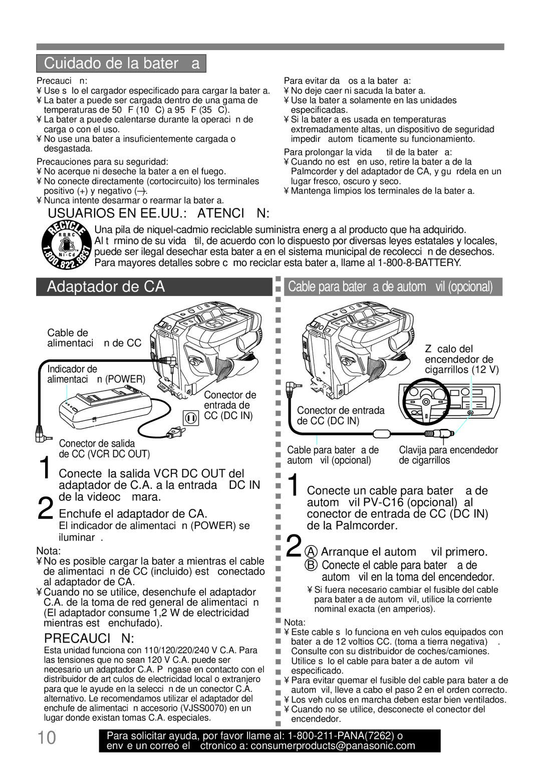 Panasonic PV-L591 operating instructions Cuidado de la batería, Adaptador de CA 