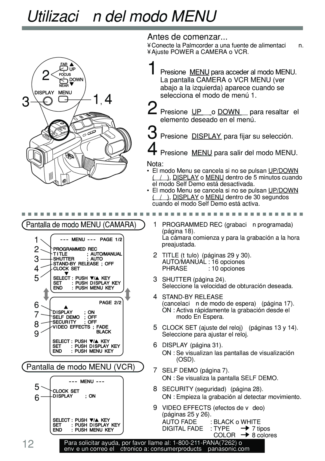 Panasonic PV-L591 operating instructions Utilización del modo Menu, Pantalla de modo Menu VCR 