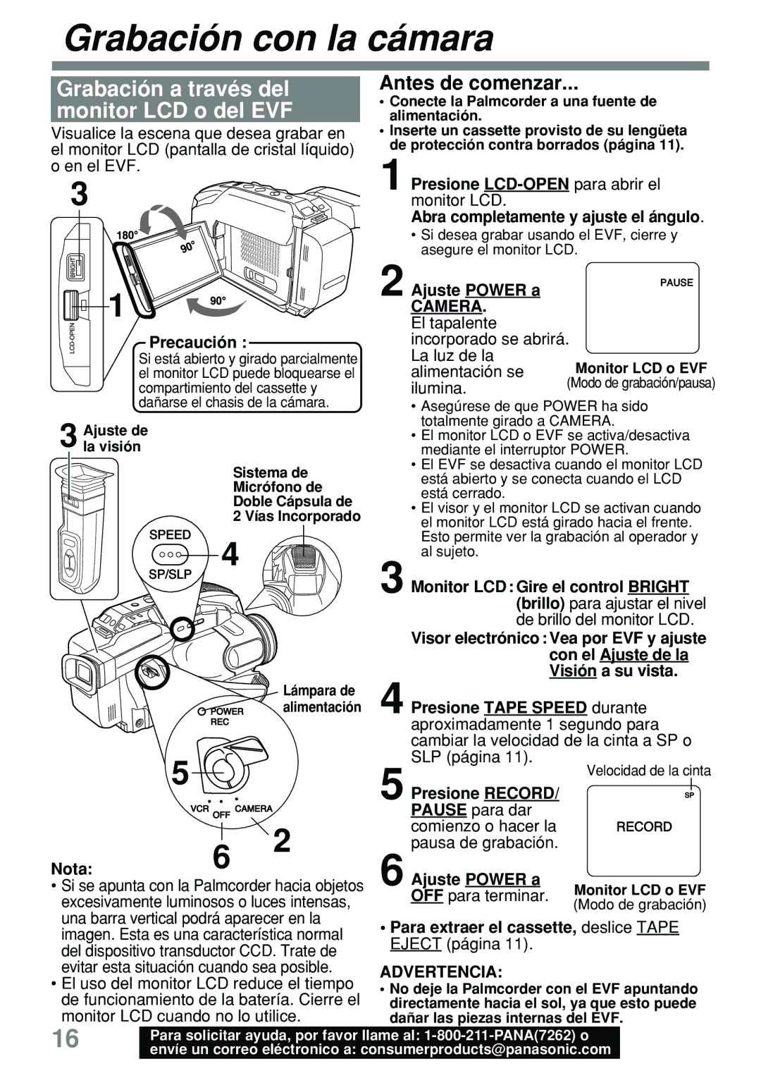 Panasonic PV-L591 operating instructions Grabación con la cámara, Grabación a través del monitor LCD o del EVF, Advertencia 