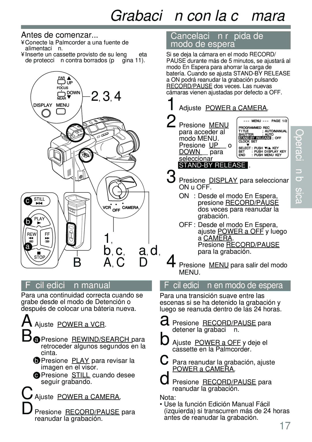 Panasonic PV-L591 Cancelación rápida de modo de espera, Fácil edición manual, Fácil edición en modo de espera 