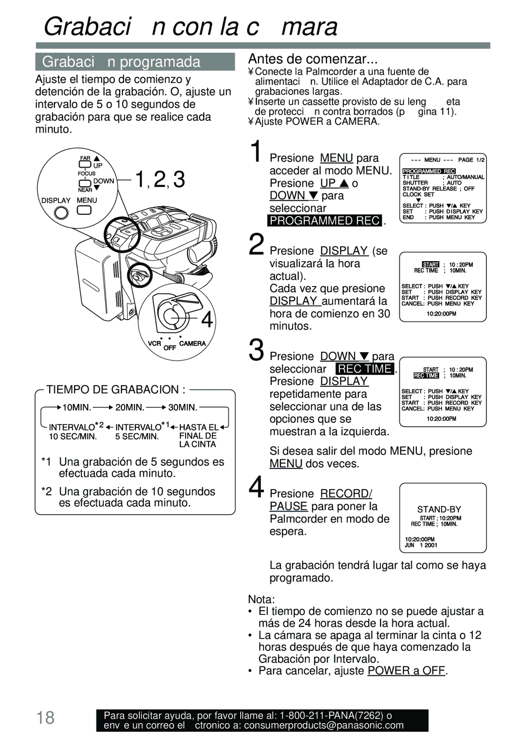 Panasonic PV-L591 Grabación programada, Tiempo DE Grabacion, Presione Display se, Menu dos veces Presione Record 