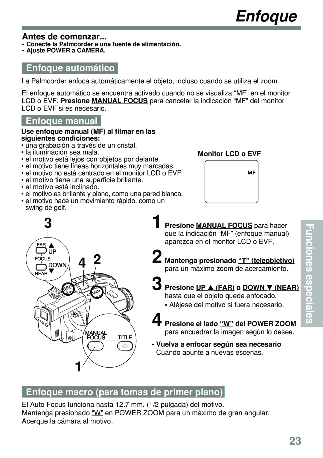 Panasonic PV-L591 operating instructions Enfoque automático, Enfoque manual, Enfoque macro para tomas de primer plano 