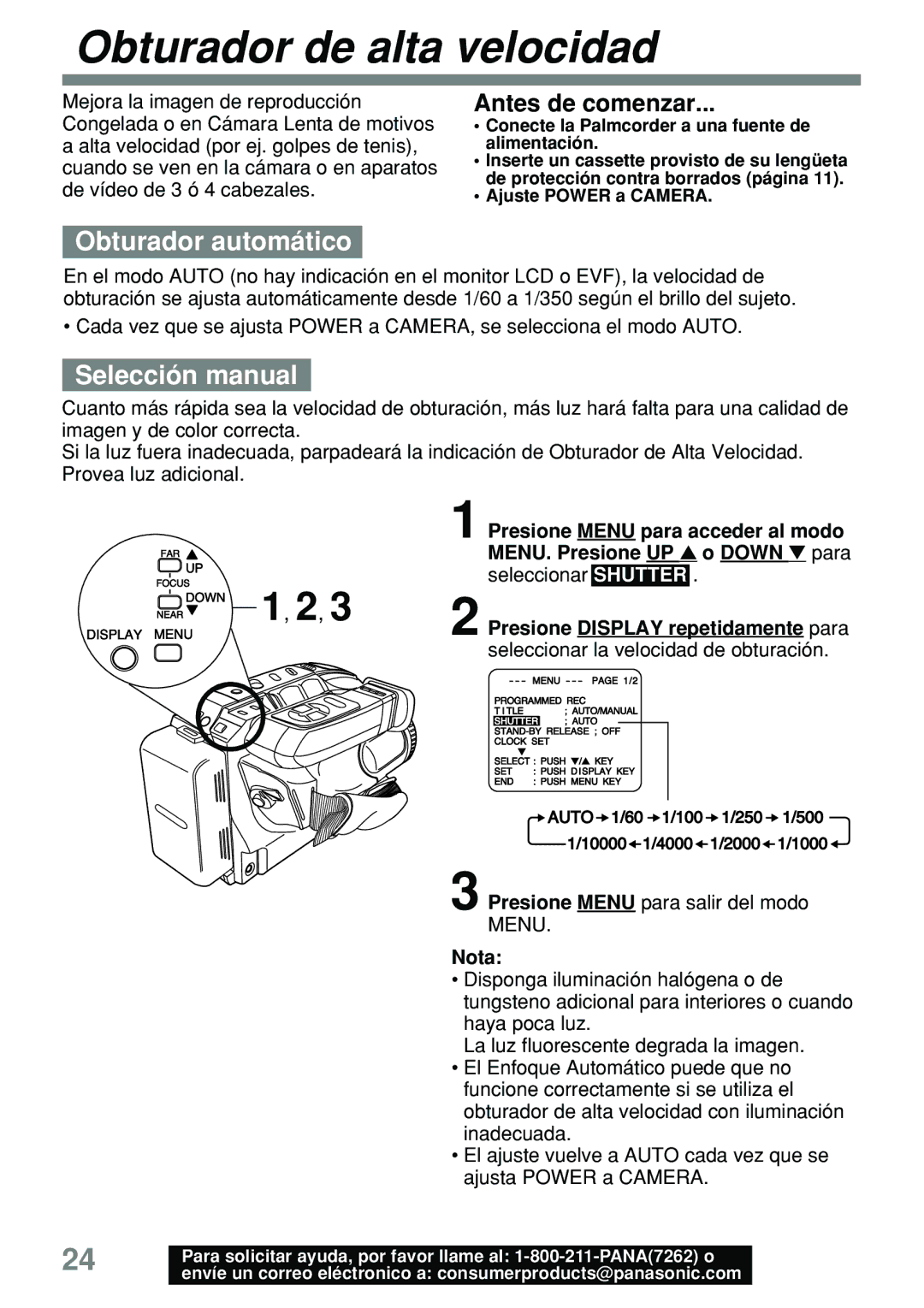 Panasonic PV-L591 operating instructions Obturador de alta velocidad, Obturador automático, Selección manual 