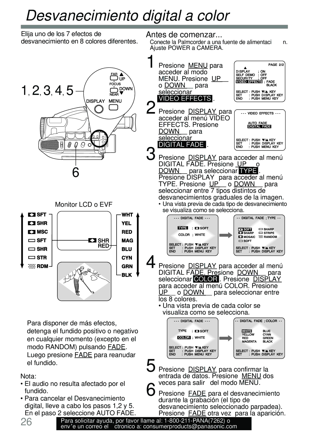 Panasonic PV-L591 Desvanecimiento digital a color, Elija uno de los 7 efectos de, Desvanecimiento en 8 colores diferentes 