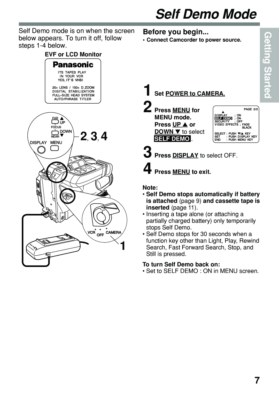 Panasonic PV-L591 operating instructions Self Demo Mode, Before you begin, Press Menu to exit, To turn Self Demo back on 