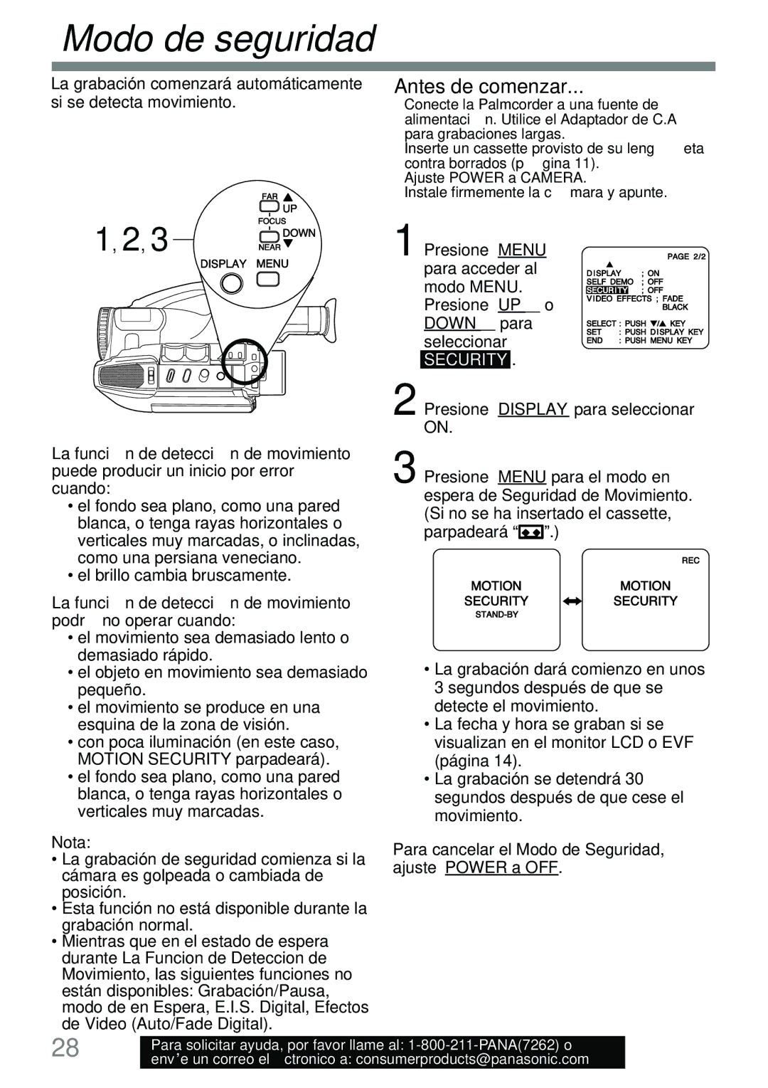 Panasonic PV-L591 Modo de seguridad, El brillo cambia bruscamente, Presione Display para seleccionar on 