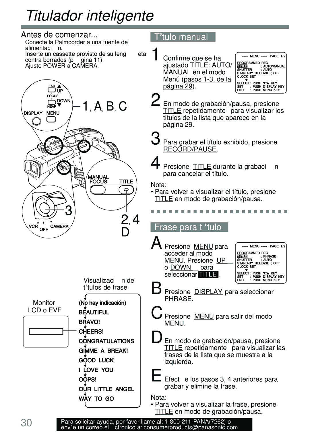 Panasonic PV-L591 Título manual, Frase para título, Visualización de títulos de frase Monitor LCD o EVF, Record/Pause 