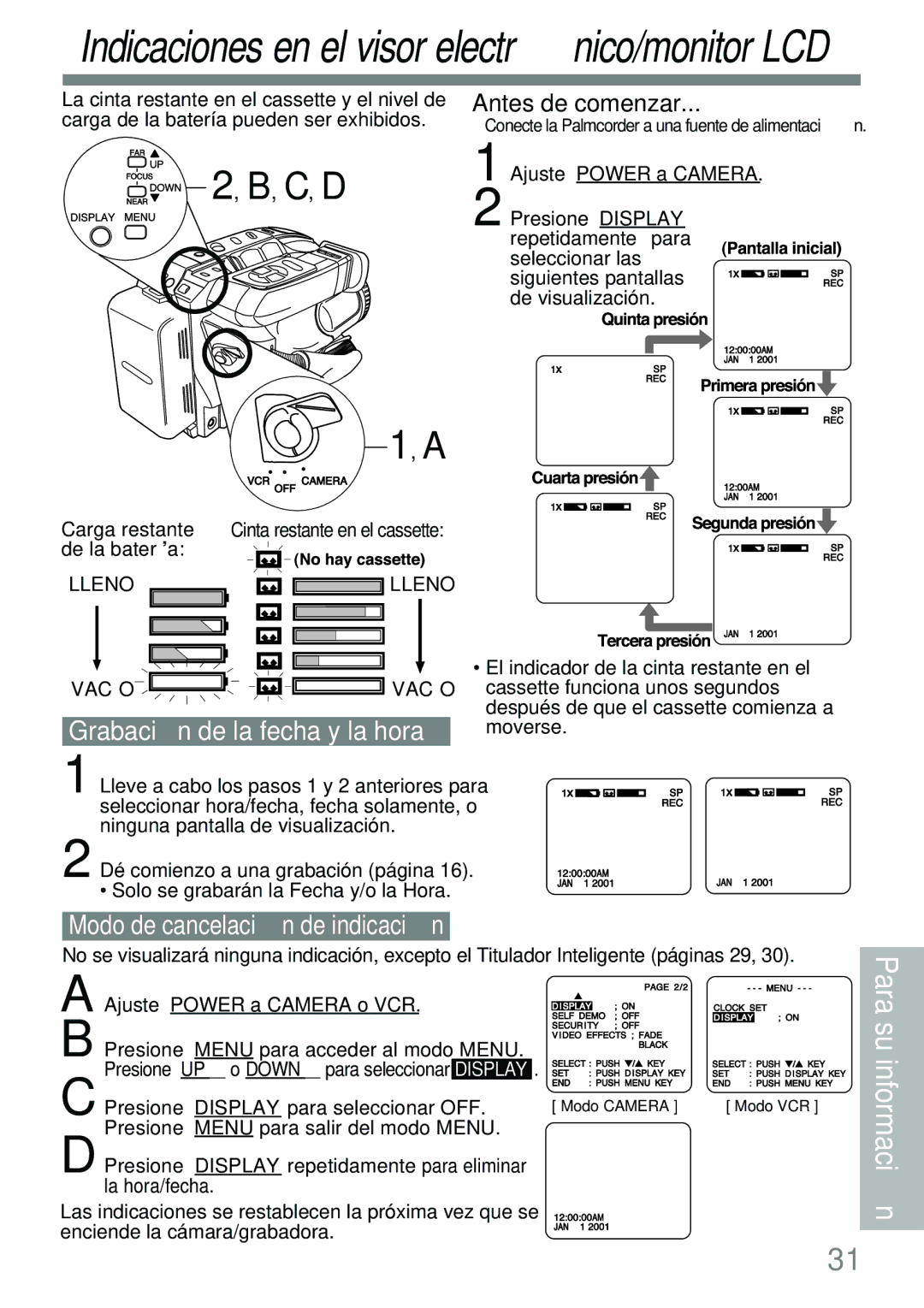 Panasonic PV-L591 operating instructions Grabación de la fecha y la hora, Modo de cancelación de indicación, Lleno 